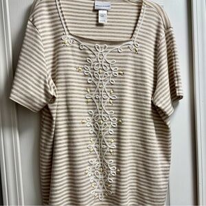 Striped Beige Embroidered Women Top